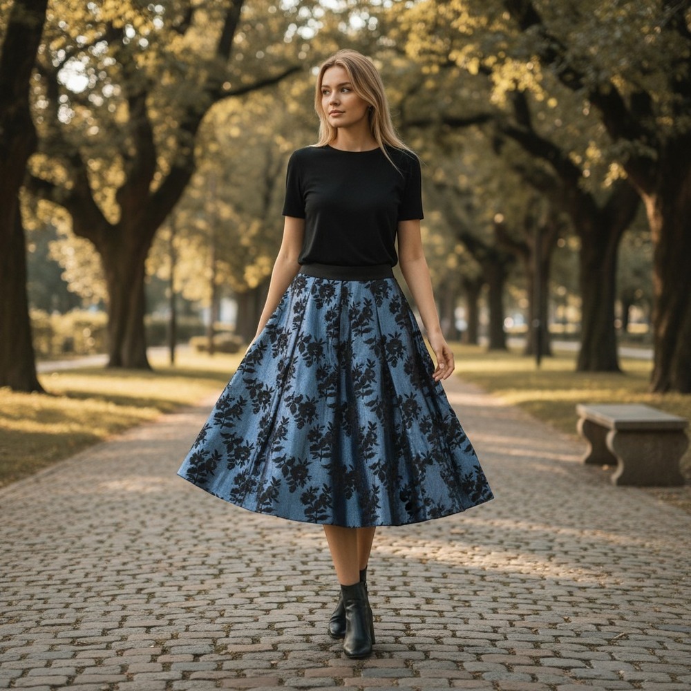 White House Black Market Floral Jacquard Full Skirt Blue Black 10 NWT